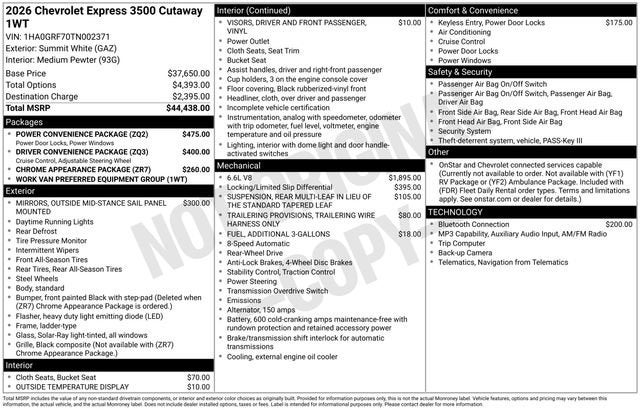 2026 Chevrolet Express Cutaway 3500 1WT